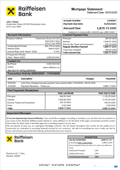 Download Ukrainian Raiffeisen Bank mortgage statement in Word and PDF formats Photoshop template